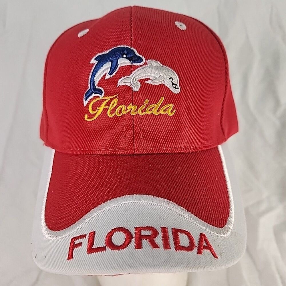 Cap Florida Red White Hat 2 Dolphins embroidered Two Tone Bill Adjustable READ